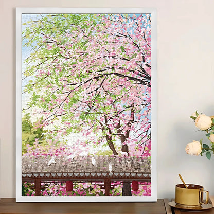 Spring on Earth puzzle framed and displayed above a side table, complementing a soft and natural interior.