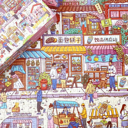 Close-up of Street Spring puzzle on a pink background full of cute activities.
