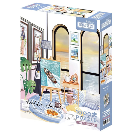 Seaside Sunset puzzle box over completed scene – coastal living puzzle.
