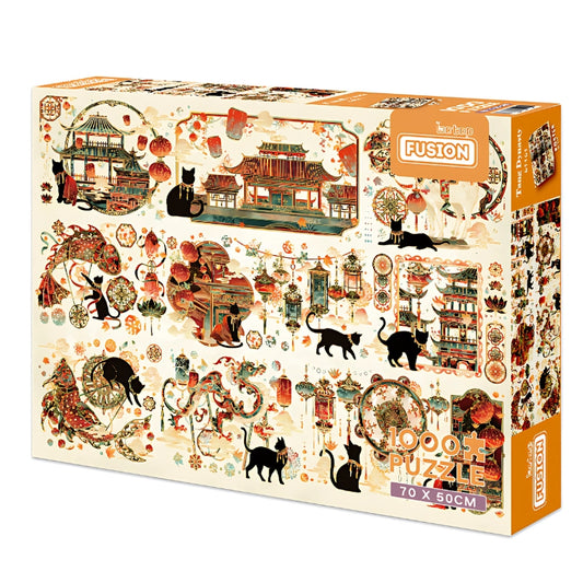 Tang Dynasty puzzle box showing black cats, lanterns and Chinese temples