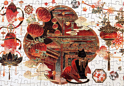 Close-up of completed Tang Dynasty puzzle featuring red-roofed temple and lantern details