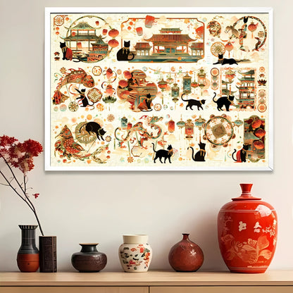 Tang Dynasty puzzle displayed in a frame above a traditional sideboard