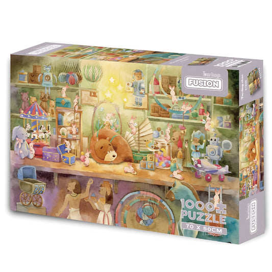 Toyshop elves puzzle box with 1000 pieces, showing whimsical toys, bunnies, and a sleeping bear in soft watercolour tones
