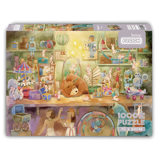 Front view of Toyshop Elves puzzle box featuring shelves of toys, stuffed animals, and carousel horses in warm colours