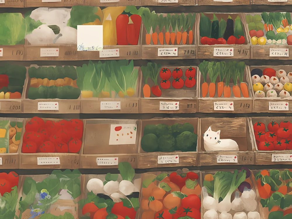 Zoomed-in view of the white cat tucked inside a wooden crate in the completed Vegetable Cat puzzle.