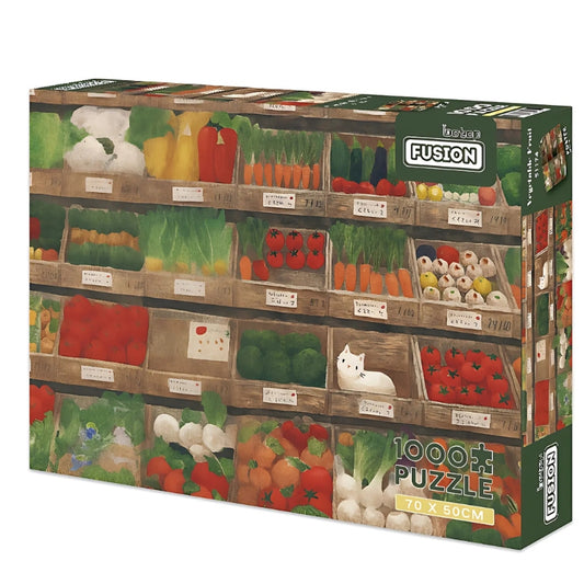 Vegetable Cat 1000 piece puzzle box by Botop, showing an illustrated vegetable stall with a hidden white cat.