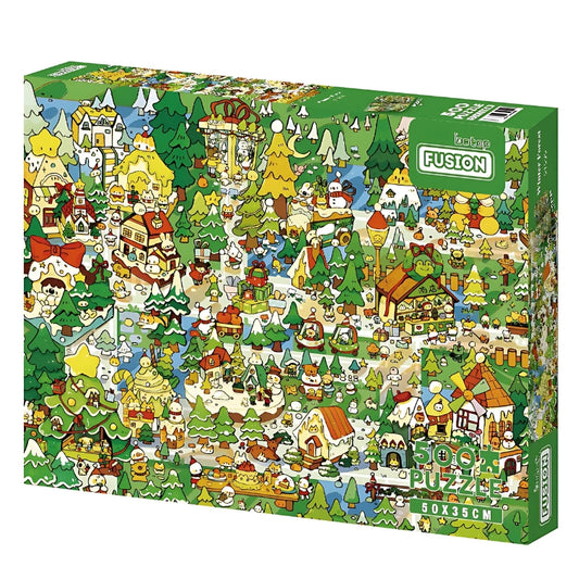 Winter Forest 500-piece puzzle box showing a busy cartoon-style snowy forest with cabins, trees and animals