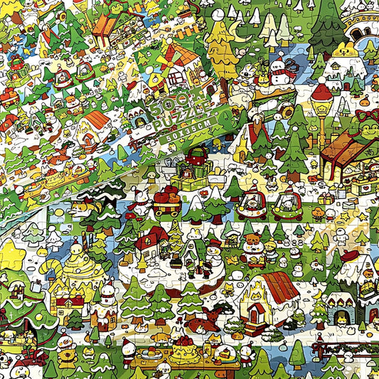 Winter Forest puzzle partially completed with box resting on top, showing detailed snowy forest scene