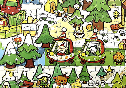 Puzzle detail showing red and green cable cars carrying cute animals through the winter forest