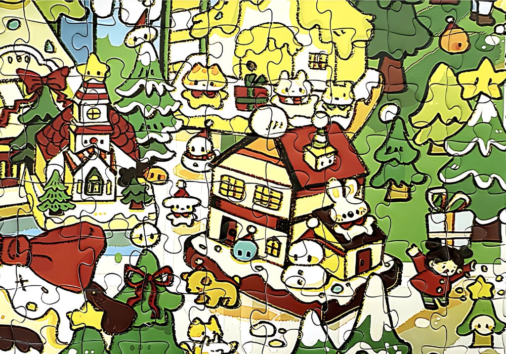 Zoomed-in puzzle section with a red-roof house, gift boxes, and cute forest characters in a snowy setting
