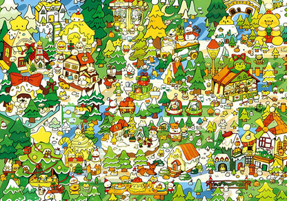 Full Winter Forest puzzle artwork featuring cabins, pine trees, snowmen, animals, and cartoon Christmas details