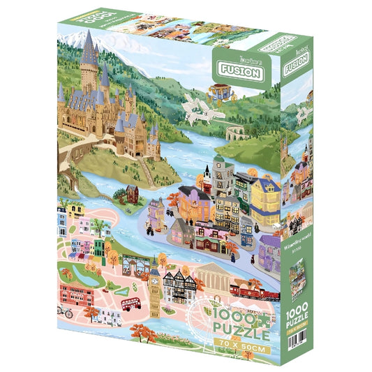 Wizarding World 1000-piece puzzle box showing magical castle, fantasy buildings and flying carriage over scenic landscape