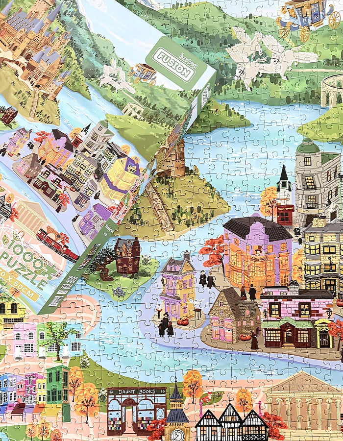 Assembled Wizarding World puzzle with box placed on top, showing fantasy town layout and magical river scene