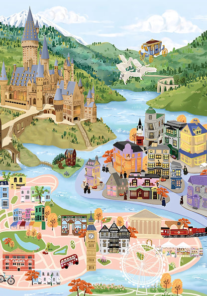 Full illustrated image of Wizarding World puzzle with castle, cobbled streets, Ferris wheel, and flying carriage