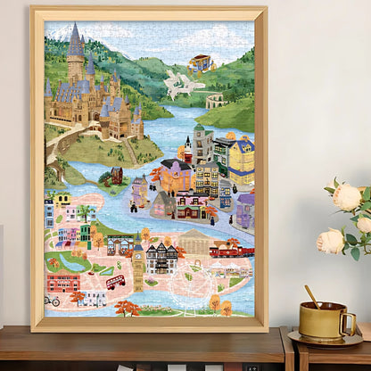 Completed Wizarding World puzzle framed on wall, featuring magical town, castle, and riverside view