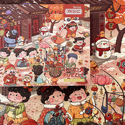 Partially assembled Year of Snake puzzle beside box, showing colourful market stalls and joyful village celebration