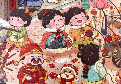 Zoomed-in section of Year of Snake puzzle showing children dressed in traditional clothing with lanterns and decorations