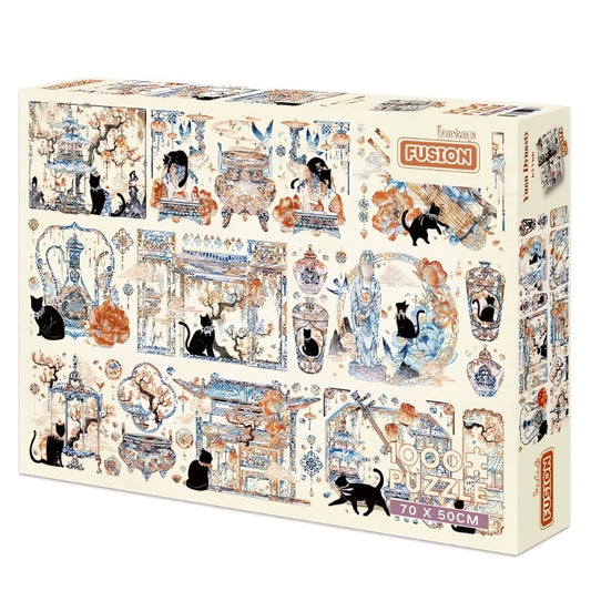 Botop Yuan Dynasty 1000 piece puzzle box featuring traditional Chinese architecture and black cat illustrations