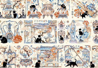 Yuan Dynasty puzzle artwork with delicate ink-style illustrations, lotus flowers, pagodas, and black cats