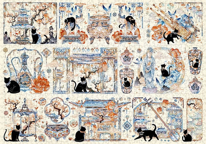 Completed Botop Yuan Dynasty 1000 piece puzzle featuring cats, Chinese vases, and classical window motifs