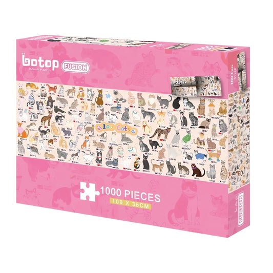 100 Cats 1000 piece puzzle box in pink with cartoon illustrations of various cat breeds across the front.