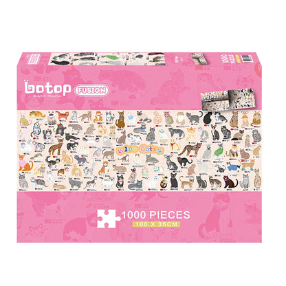 100 Cats 1000 piece puzzle box in pink with cartoon illustrations of various cat breeds across the front.