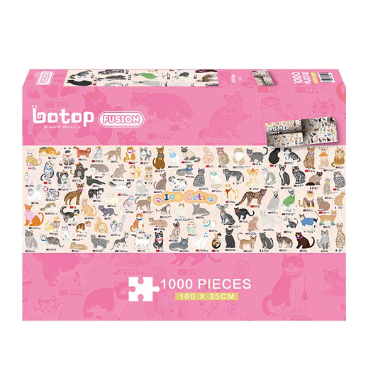 100 Cats 1000 piece puzzle box in pink with cartoon illustrations of various cat breeds across the front.