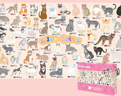 100 Cats puzzle artwork layout with box in corner, showing all 100 cat illustrations on pale pink background.