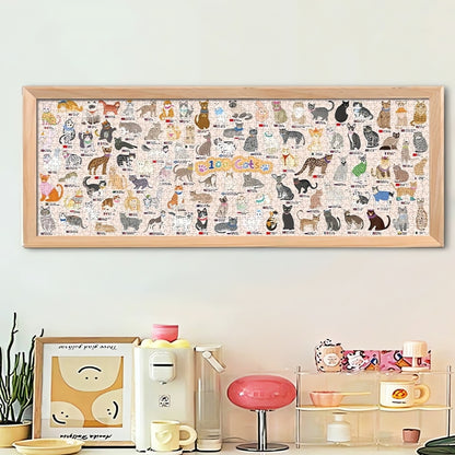 Framed 100 Cats puzzle displayed above a shelf with coffee accessories in a fun, pastel-themed room.
