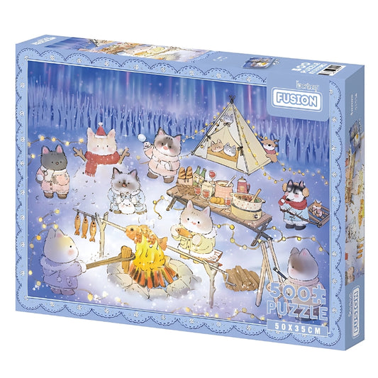 Box of the Aurora puzzle showing adorable cats enjoying a winter campsite with food and lights.