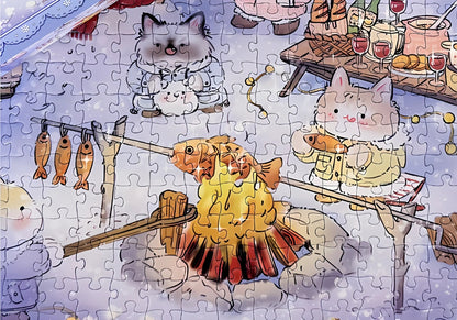 Detailed view of the fire pit scene from the Aurora puzzle with a cat roasting fish.
