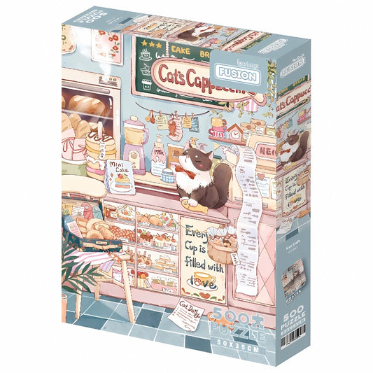 Box image of the Cat Cafe puzzle showing adorable café scene run by cats.