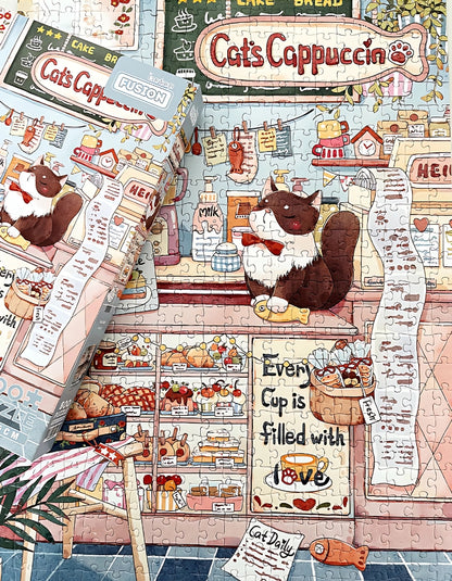 Illustration artwork of Cat Cafe puzzle with pastries, cats, and café interior.