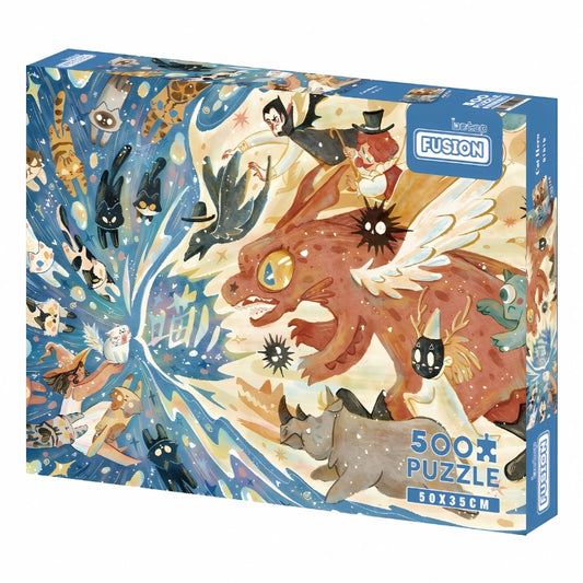 Puzzle box image of Cat Hero 500 piece puzzle showing fantasy battle scene with cats and creatures.