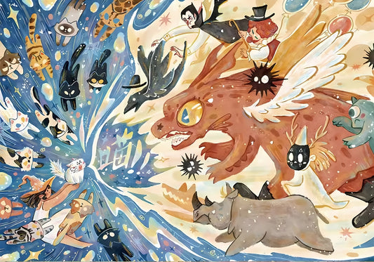 Full artwork of Cat Hero puzzle featuring a magical battle between cats and monsters in a vibrant, fantasy setting.