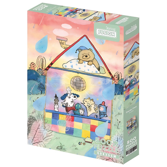 Puzzle box of “Dancing Party” featuring a bear sleeping upstairs while animals dance under a disco ball in a colourful house.