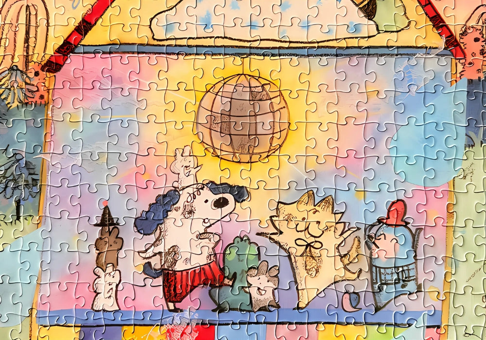 Close-up of the completed puzzle showing dancing animals, colourful walls, and a shiny disco ball.