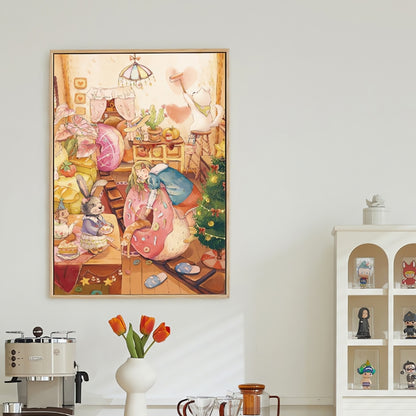 Framed Doughnuts puzzle artwork hanging in a modern home interior next to tulips and collectible figurines.