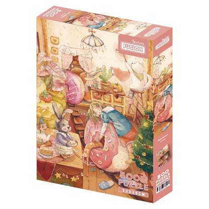 Botop Doughnuts 500 piece puzzle box featuring a cosy fantasy room with a girl hugging a doughnut and cute animal characters.