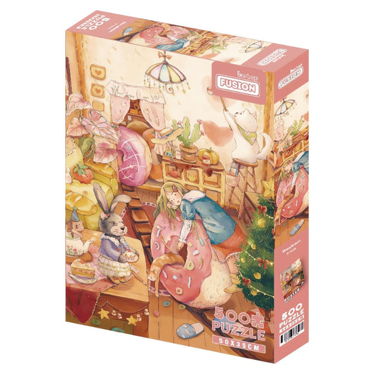 Botop Doughnuts 500 piece puzzle box featuring a cosy fantasy room with a girl hugging a doughnut and cute animal characters.