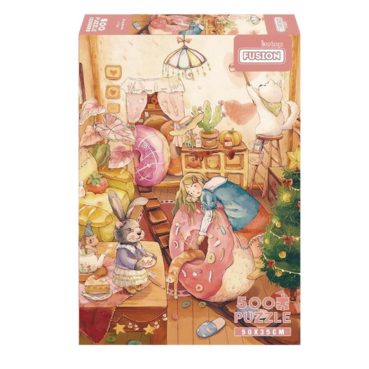 featuring a cosy fantasy room with a girl hugging a doughnut and cute animal characters.