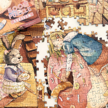 Partially assembled Doughnuts puzzle showing girl hugging a giant pink doughnut and bunny holding a dessert.