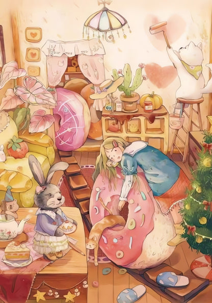 Whimsical room scene with a girl leaning on a giant doughnut, surrounded by animals, plants, and festive decorations.