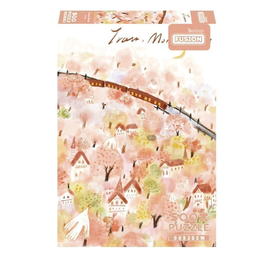 Botop 500 piece puzzle box Flower Bush, showing a pink and orange floral landscape with a train passing over pastel  house.