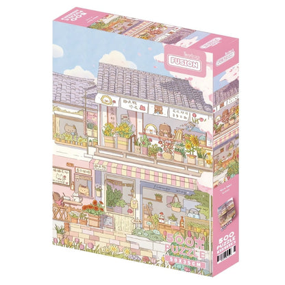 Botop Happy Apartment 500 piece puzzle box featuring cute cartoon animals and flower shops.