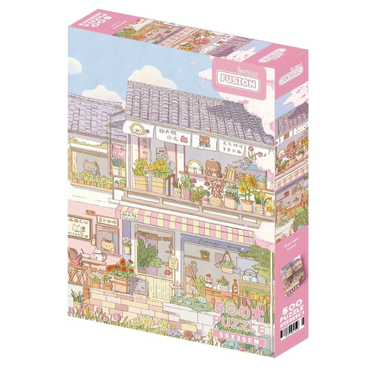 Botop Happy Apartment 500 piece puzzle box featuring cute cartoon animals and flower shops.