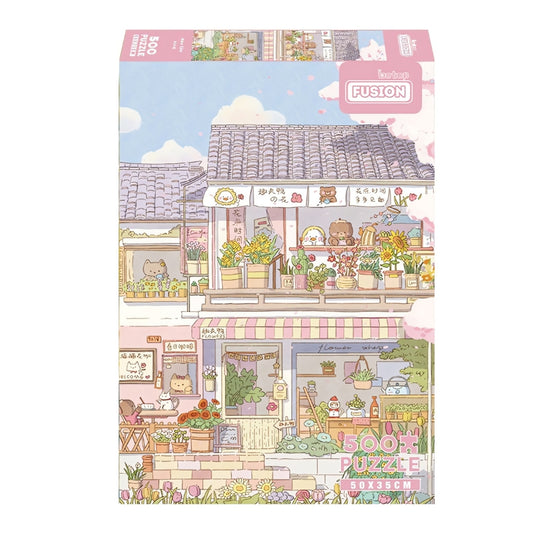 Botop Happy Apartment 500 piece puzzle box featuring cute cartoon animals and flower shops.