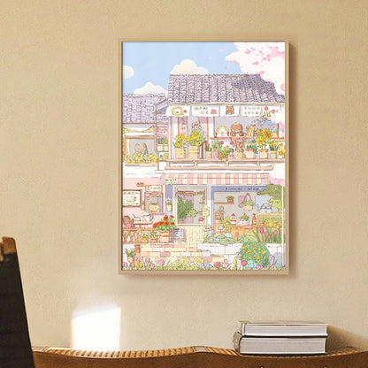 Framed Happy Apartment puzzle displayed on a beige wall above a modern desk and books.