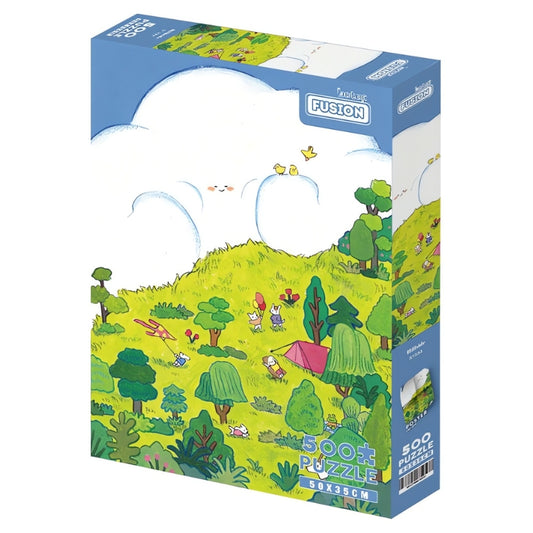 Box of Hillside 500-piece puzzle featuring a bright grassy hill with playful animal characters and a large cloud in the sky.
