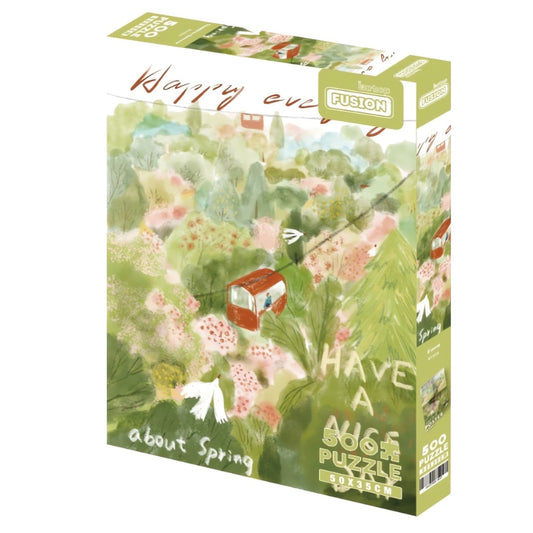 Botop 500 piece puzzle box titled In the Forest, featuring a red cable car in a pastel spring forest illustration.